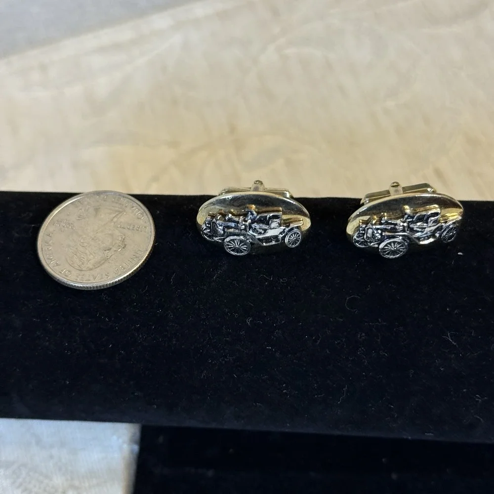 Vintage Style Old Timer‎ Car Oval Gold and Silver Tone Cufflinks Torpedo Swivel